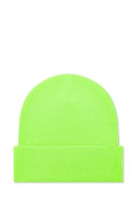Berretto lavorato a maglia di un verde neon con risvolto, caratterizzato da un motivo testurizzato e una finitura liscia. Adatto a diverse dimensioni della testa.