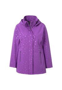 Violetti hupparikot, jossa on hillittyjä tähtikuvioita, etuvetoketju ja napin kiinnitys sekä vetoketjulliset sivutaskut.