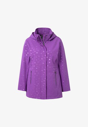 Violetti hupparikot, jossa on hillittyjä tähtikuvioita, etuvetoketju ja napin kiinnitys sekä vetoketjulliset sivutaskut.