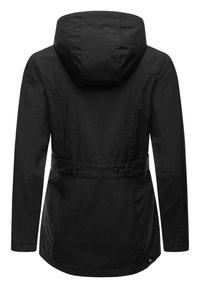 Zwarte jacket met capuchon, taille die gesnoerd kan worden met knoopsluiting, lange mouwen en zachte, waterafstotende stof.