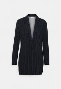 Marinblå blazer med vita vertikala ränder, enkelknappsstängning, långa ärmar och slagkrage. Slätt tyg med en skräddarsydd passform.