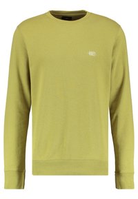 Zelená bavlněná mikina s kulatým výstřihem, ribbed manžetami a lemem. Na hrudi je malá bílá logo "OBEY". Hladký povrch, standardní střih.