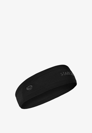 Black elastic headband with textured fabric and a smooth edge, featuring a subtle brand logo in a contrasting shade.