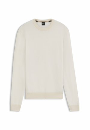 Light beige knitted sweater with a herringbone pattern, round neckline, and ribbed cuffs and hem. Soft texture, long sleeves, and minimal design.