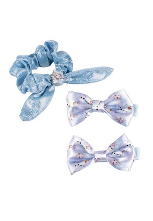 Three hair accessories: a blue sparkly scrunchie with a character charm, and two light blue satin bows with small character patterns.