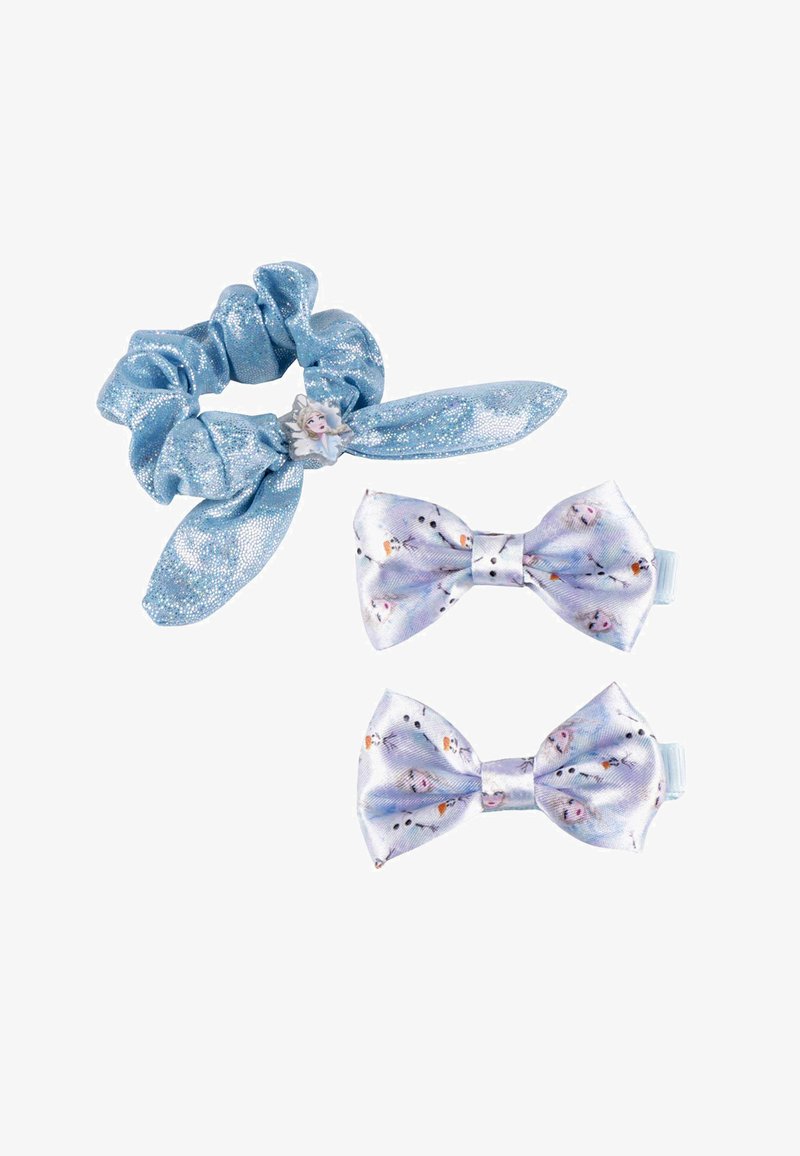 Three hair accessories: a blue sparkly scrunchie with a character charm, and two light blue satin bows with small character patterns.