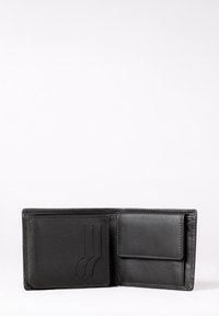 Black leather wallet with multiple card slots and a side pocket. Smooth texture with stitched edges. Compact rectangular design.