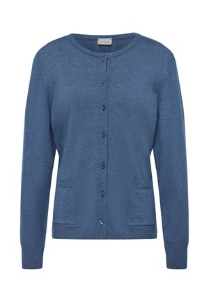 Blue knitted cardigan with long sleeves, round neckline, button closure, and two front pockets. Fabric features a subtle texture.