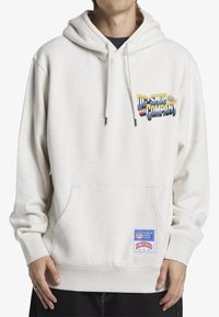 Light beige hoodie with a front pocket, drawstrings, and a colorful "DC SHOE COMPANY" logo. Features a tag on the lower left side.