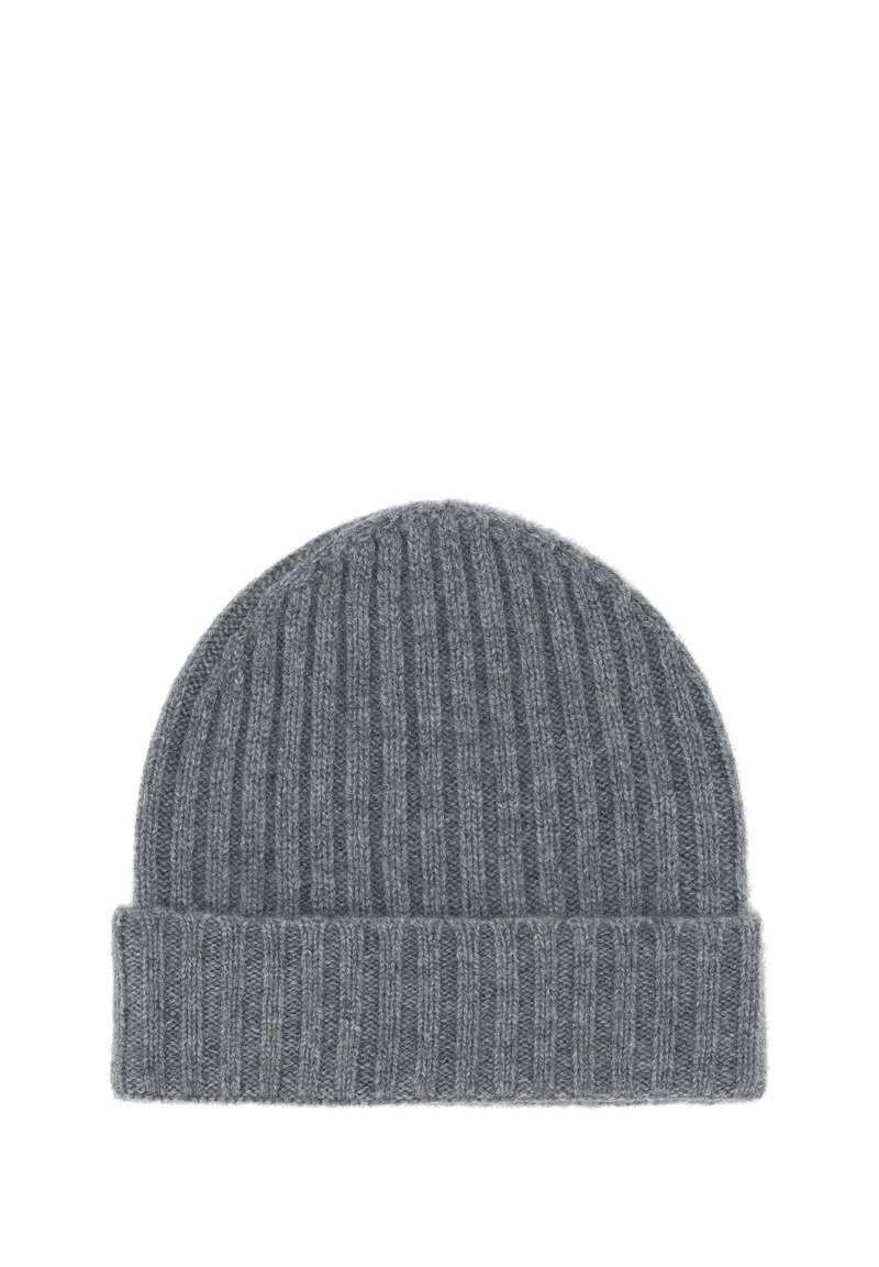Pilkas megztas kepurė su raštuota struktūra, su sulenkta apatine dalimi ir minkšta medžiaga, tinkama šaltam orui.