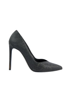 Chaussure stiletto à talon haut noire pailletée avec un bout pointu, vue de profil sur fond blanc.
