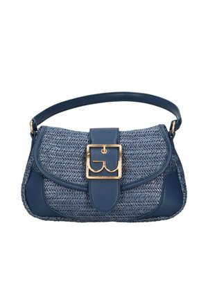Piccola borsa intrecciata blu navy con rifiniture in pelle, manico singolo e fibbia in tono oro sulla patta anteriore.