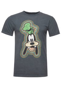 T-shirt in cotone grigio scuro con una grafica colorata in stile vintage raffigurante un personaggio dei cartoni animati, con contorni bold e una finitura texturizzata.