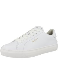 White leather sneakers with flat white laces, textured sole, and embossed gold "Pepe Jeans" branding on the side. Rounded toe design.