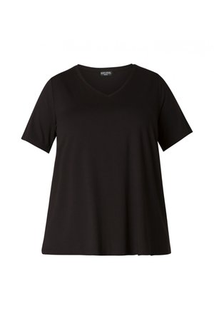 Zwarte korte mouwen T-shirt met een V-hals ontwerp. Gemaakt van een gladde, lichte stof. Rechte snit, met een zachte textuur en minimale stikdetails.