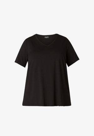 Zwarte korte mouwen T-shirt met een V-hals ontwerp. Gemaakt van een gladde, lichte stof. Rechte snit, met een zachte textuur en minimale stikdetails.