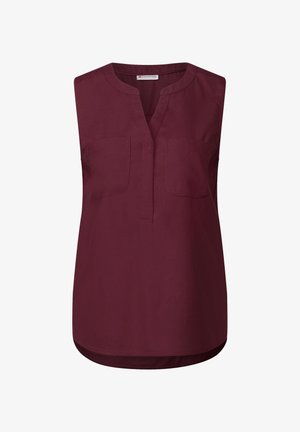 Bordeauxfarbenes ärmelloses Oberteil mit einem runden Ausschnitt, zwei Vorderentaschen und einer Knopfleiste. Weicher Stoff mit geradem Schnitt und abgerundetem Saum.