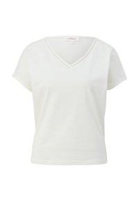 T-shirt blanc à manches courtes pour femmes, col en V, ourlet droit et petite étiquette de marque à l'intérieur du col.