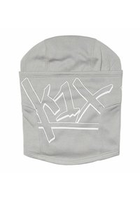 Gray beanie hat with a soft texture, featuring a white graphic design that includes the text "k1x." Rounded top and a snug fit.