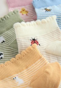 Farebné členkové ponožky v pastelových odtieňoch majú rôzne vyšívané motívy, vrchné časti so zvlneným lemom a pruhované vzory na mäkkej, textúrovanej tkanine.