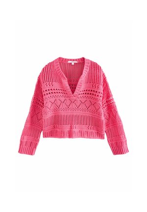 Virkat rosa tröja med V-ringning, långa ärmar och öppna mönster, med texturerade detaljer och en kortad passform.