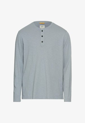 Lange mouwen henley-shirt in lichtblauw, met een ronde halslijn, een placket met drie knopen en een klein logo op de borst. Zachte stofstructuur.