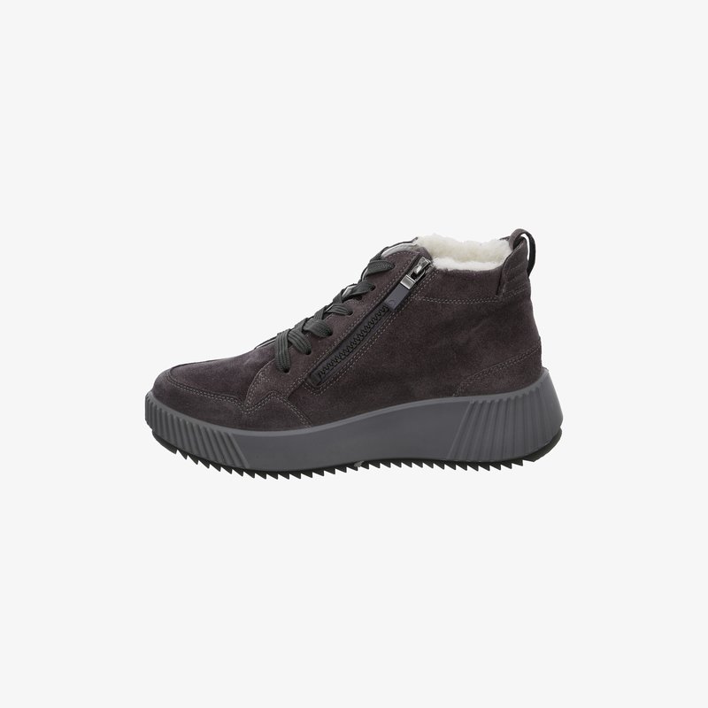 Dunkelgrauer Wildleder-Hochtop-Sneaker mit schwarzen Schnürsenkeln, seitlichem Reißverschluss, dicker profilierter Sohle und weißem Fleecefutter innen.
