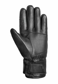 Black leather glove featuring a textured surface, stitched accents, and a cuff with adjustable closure. Ergonomic shape for better fit.