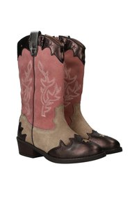 Western-stijl laarzen met een roze suède bovenkant, beige onderkant en donkere metalen details. Fijne bladborduursels op de schacht.