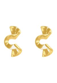 Orecchini a dichiarazione in oro con un design a spirale torcigliato. Presentano una finitura lucida e si assottigliano fino a punte appuntite, creando una forma dinamica.