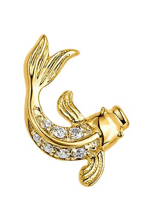 Diseño de pez en tono dorado con escamas y aletas texturizadas, adornado con brillantes claros a lo largo del cuerpo. Acabado brillante, artesanía detallada.