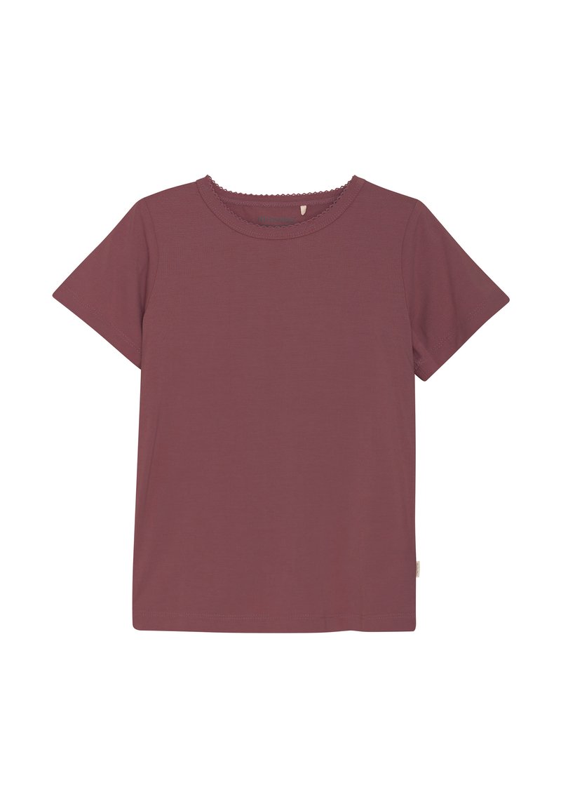 T-shirt corto marrone con maniche corte realizzato in tessuto morbido. Presenta un colletto arrotondato con bordi a onda. Design semplice e uniforme senza motivi.