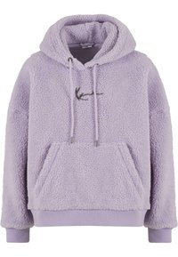 Paarse fleece hoodie met een textuur oppervlakte, trekkoord capuchon, voorzak en ribgebreide cuffs en zoom. Voorzien van een logo in zwarte stiksels.