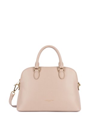 Sac à main en cuir texturé beige avec deux poignées rondes, bandoulière amovible et ferrures dorées.