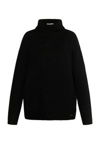 Maglione a collo alto nero realizzato in morbido tessuto a maglia, caratterizzato da una vestibilità ampia, spalle scese e sottili dettagli floreali texture.