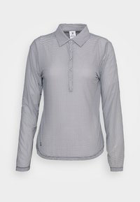 Långärmad skjorta med krage i grått med ett geometriskt mönster. Har en knapplist, lätt textur och en rundad nederkant.