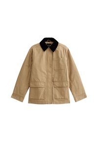 Khaki jas met een zwarte ribfluwelen kraag, volledige rits, twee voorzakken met flap en een enkele bovenzak. Katoenen stof, relaxed fit.