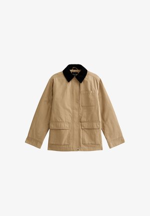 Giacca khaki con colletto in velluto a coste nero, zip completa, due tasche frontali con patta e una tasca superiore. Tessuto in cotone, vestibilità rilassata.