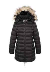 Schwarzer Steppmantel mit Kapuze und Fellbesatz, ausgestattet mit durchgehendem Reißverschluss, gerippten Bündchen und gesteppter Struktur für Wärmeisolierung.