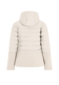 Beige pufferjack met een capuchon, voorzien van gestikte panelen en een licht verkorte zoom. Glad materiaal met lange mouwen.