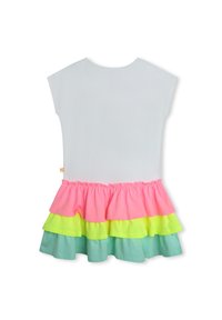 Sukienka dziecięca z białą górą i falbanistym, warstwowym dołem w kolorach różowym, żółtym i zielonym. Gładka bawełniana tekstura, krótkie rękawy.