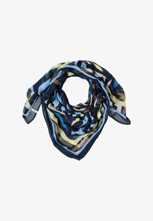 Pañuelo cuadrado y ligero con patrones geométricos en azul, verde y marrón. Textura suave con un brillo sutil. Bordes cuidadosamente remallados.