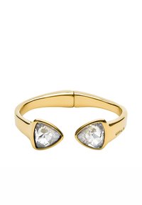Anillo ajustable de tono dorado con dos piedras triangulares claras, diseño de banda elegante, acabado pulido y textura suave.