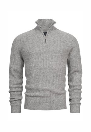 Szary sweter dziany z pół-zamkiem przy kołnierzu, prążkowaną strukturą, dopasowanym krojem i długimi rękawami. Okrągłe logo na tyle kołnierza.