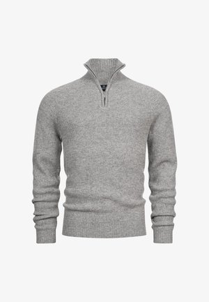 Szary sweter dziany z pół-zamkiem przy kołnierzu, prążkowaną strukturą, dopasowanym krojem i długimi rękawami. Okrągłe logo na tyle kołnierza.