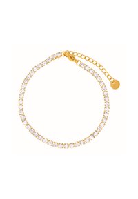 Bracelet doré avec des cristaux ronds transparents en taille prongée, doté d'une chaîne ajustable et d'un fermoir en homard pour un maintien sûr.