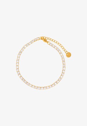 Goudkleurige armband met heldere ronde kristallen in een geprongde zetting, voorzien van een verstelbare ketting en een karabijnsluiter voor een veilige pasvorm.
