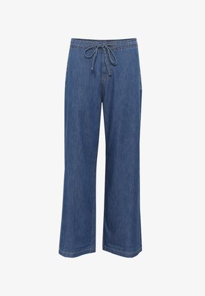 Denim wide-leg trousers with a drawstring waist, featuring a medium blue color, straight cut, and subtle stitching details.