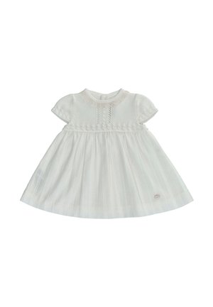 Vestido blanco de bebé de manga corta con detalles de encaje en el pecho y falda fruncida.