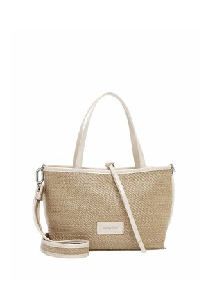 Sac cabas en tissu beige avec deux poignées supérieures, une bandoulière réglable et une petite étiquette blanche sur le devant indiquant "SURI FREY".